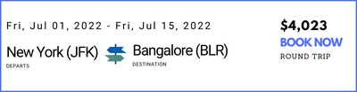 New York (JFK) to Bangalore (BLR)